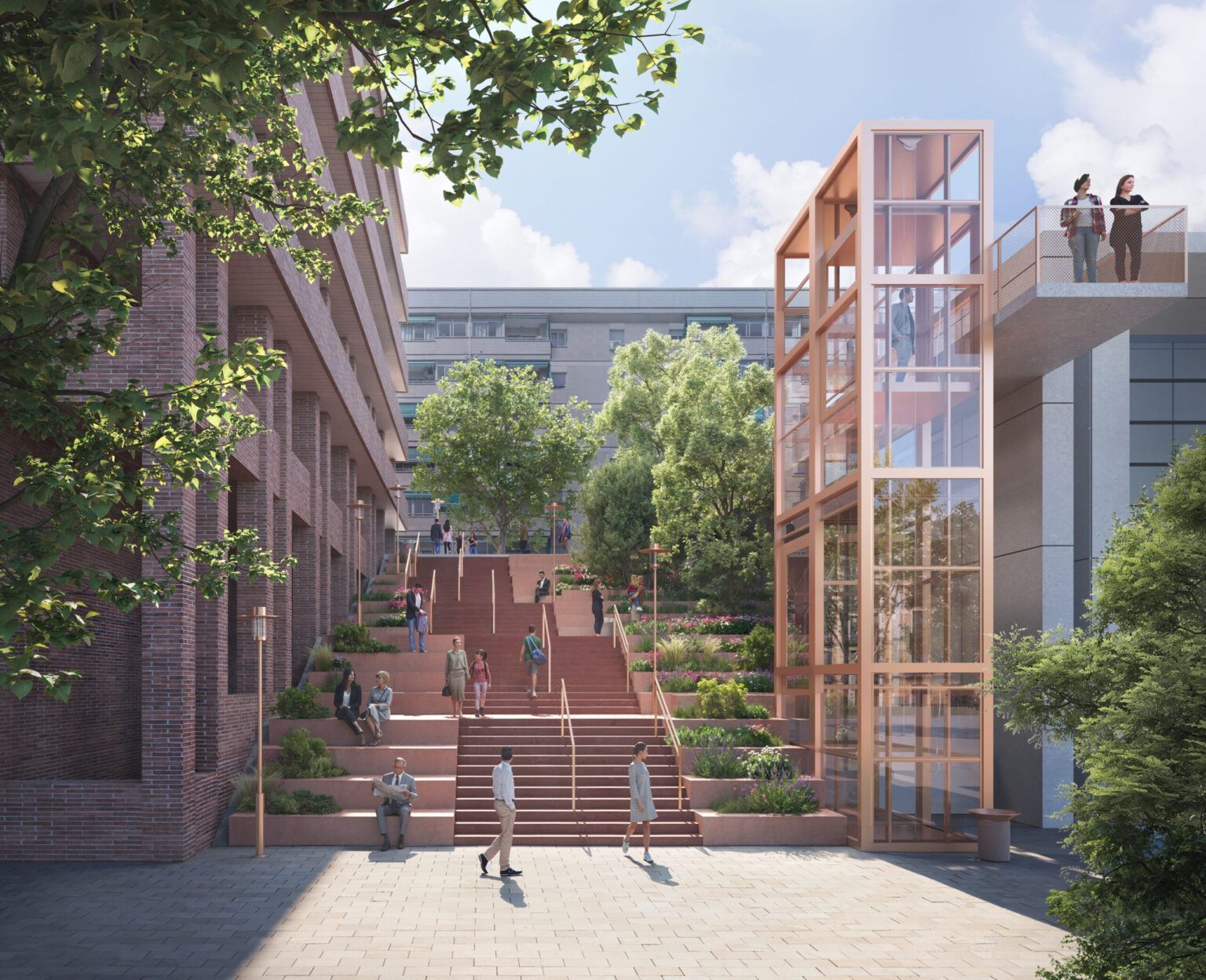 Proyección virtual del aspecto de los futuros ascensores que sustituirán a las escaleras mecánicas de la plaza de la Bòbila, en Esplugues de Llobregat