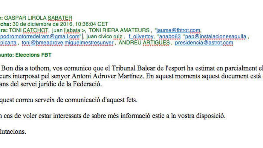 Documento con el que se notificó a los asambleistas de la FBT la resolución del Tribunal Balear de l&#039;Esport.