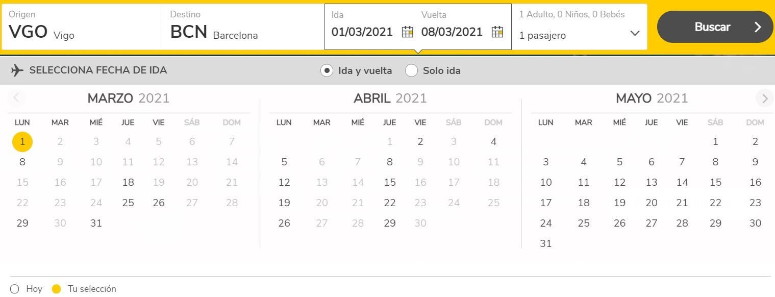 Programación de los vuelos Vigo-Barcelona de Vueling a partir del próximo lunes 1 de marzo.