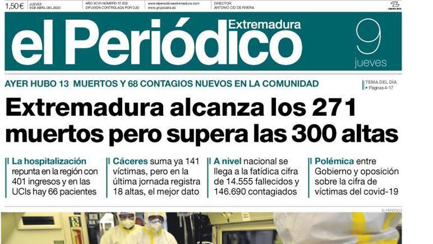 Esta es la portada de EL PERIÓDICO EXTREMADURA correspondiente al día 9 de abril del 2020