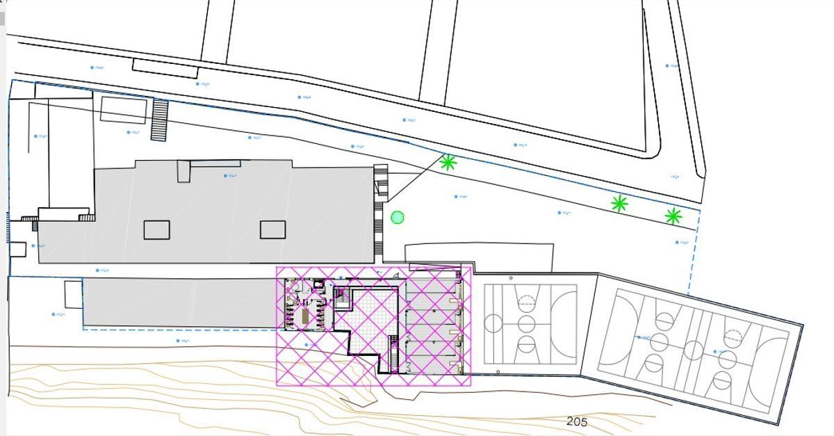 Boceto del lugar en el que se construirán las nuevas aulas, junto a las canchas.