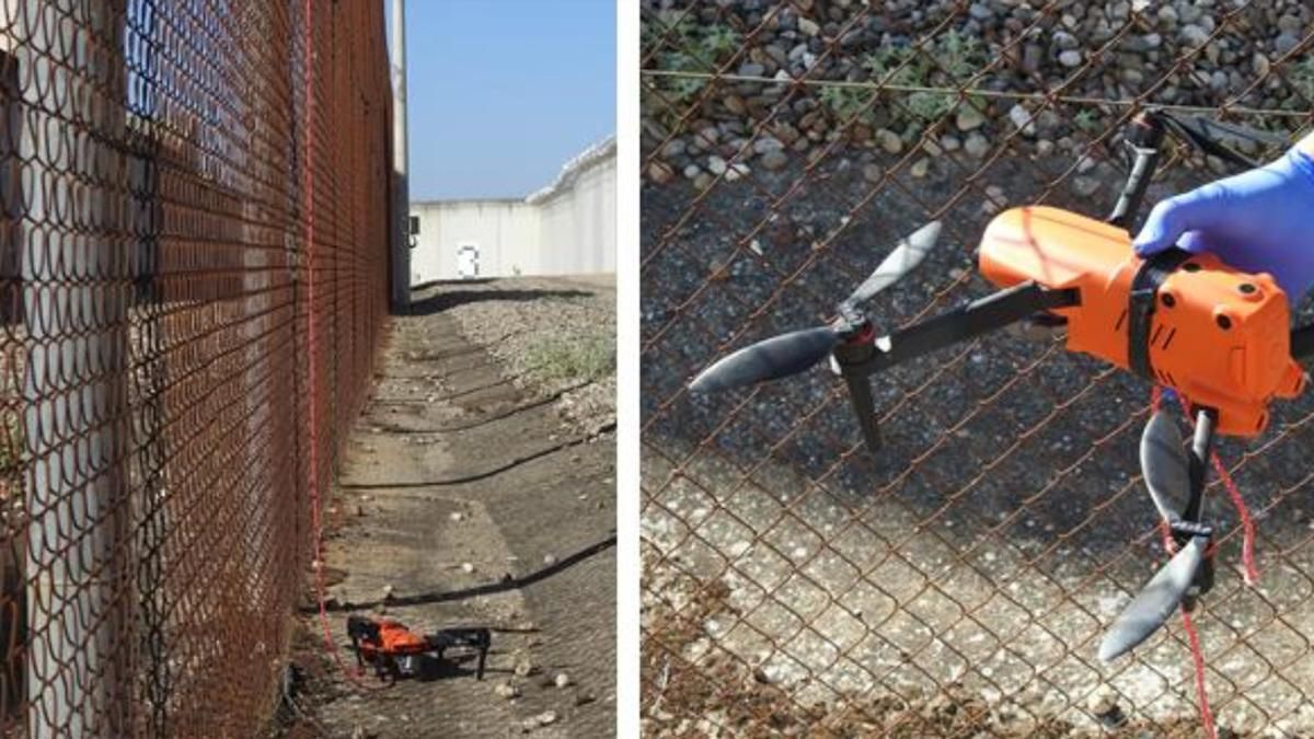 Vista general y detalle de un dron empleado por la banda de narcos para meter droga en la cárcel de Córdoba, accidentado en una de las alambradas