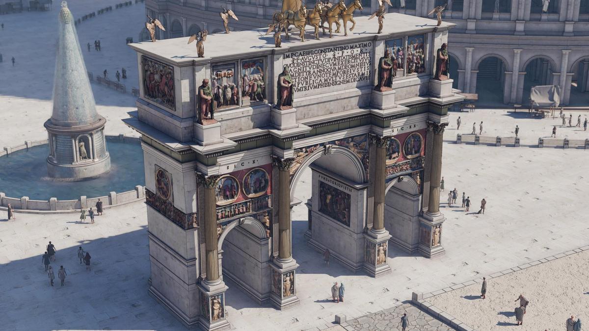 El Arco de Constantino, el Coliseo y la fuente de meta sudans en una de las recreaciones de los historiadores Néstor F. Marqués y Pablo Aparicio de 'La Roma de Constantino'