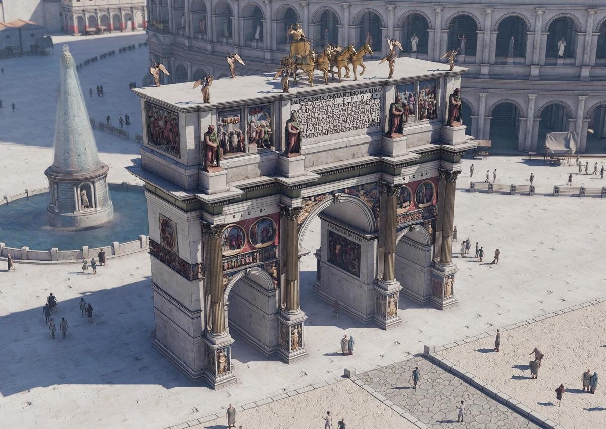 El Arco de Constantino, el Coliseo y la fuente de meta sudans en una de las recreaciones de los historiadores Néstor F. Marqués y Pablo Aparicio de 'La Roma de Constantino'