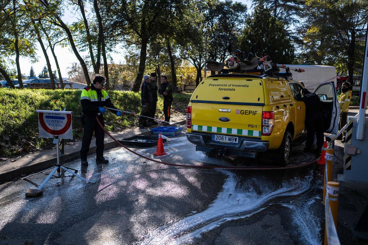 Efectivos de la UME y agentes rurales se reúnen en la zona declarada en cuarentena por la Peste Porcina Africana en Torreferrussa, antes de iniciar las tareas previstas.