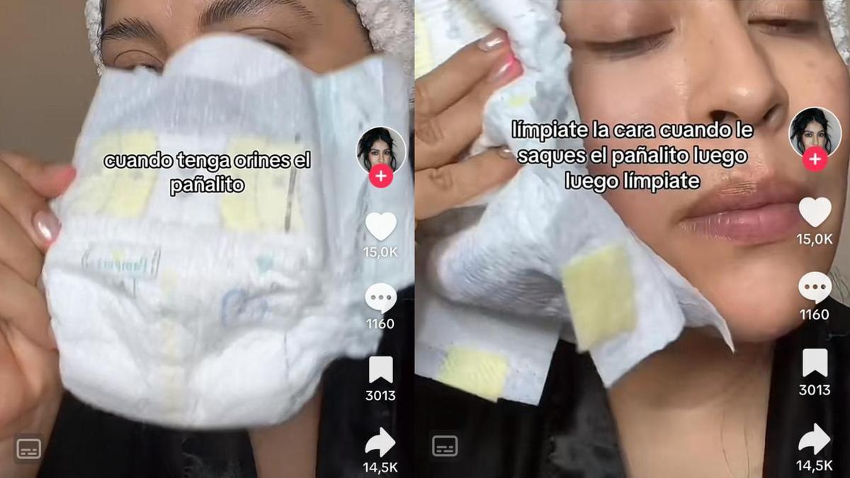 La usuaria de TikTok utiliza un pañal usado para limpiarse la cara.