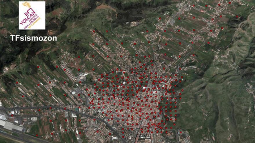 Distribución de los puntos de medida de ruido sísmico del casco urbano de La Laguna.