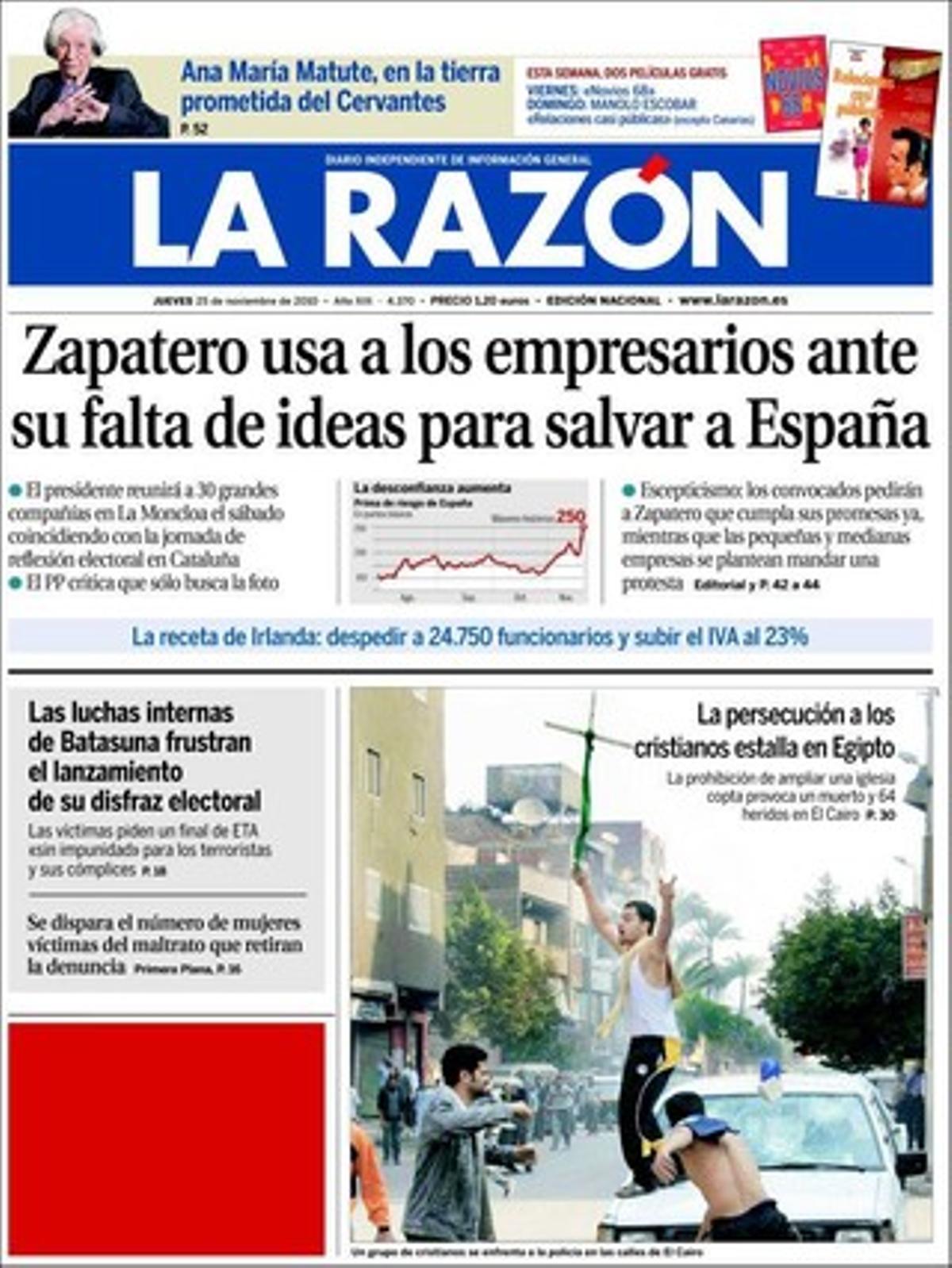 ’La Razón’ ressalta que el PNB es desdiu i demana a Zapatero que comparegui per parlar del Sàhara, i que els joves espanyols són més pessimistes que mai, segons l’enquesta de la Fundació SM. També que Zapatero busca ara una imatge d’unitat amb els grans empresaris i que el PP l’acusa de buscar només la foto abans de les eleccions catalanes.