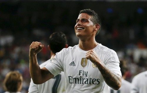 Real Madrid's Rodriguez celebrates his goal against Real Betis during their Spanish first division soccer match at Santiago Bernabeu stadium in Madrid