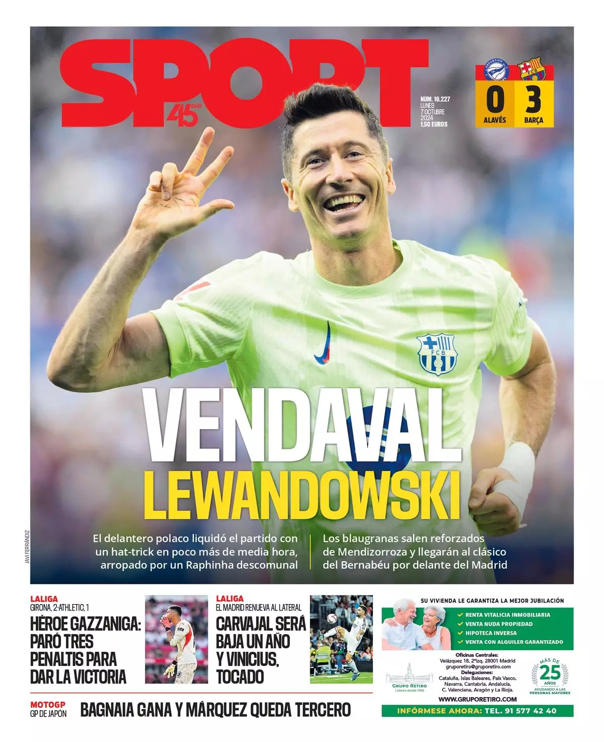 La portada de SPORT de hoy lunes, 7 de octubre de 2024