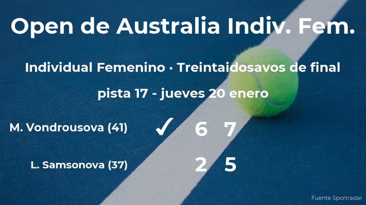 La tenista Marketa Vondrousova jugará en los dieciseisavos de final tras dejar fuera a la tenista Liudmila Samsonova