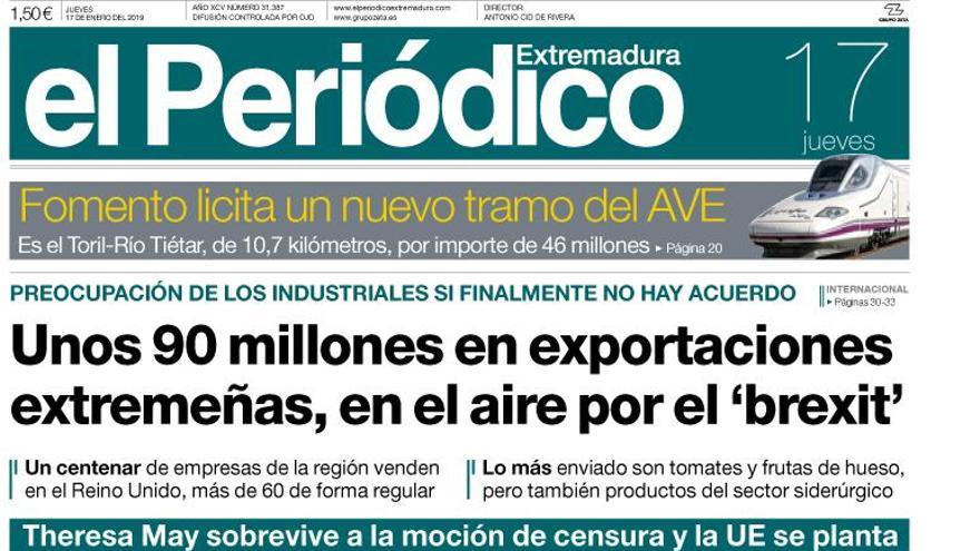 Esta es la portada de EL PERIÓDICO EXTREMADURA correspondiente al día 17 de enero del 2019