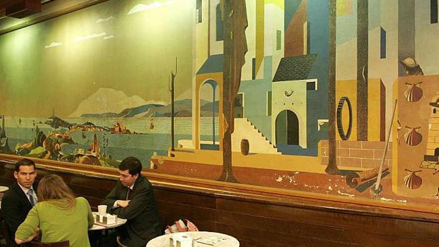 El mural de Lugrís, en la pared del café Vecchio. / eduardo vicente