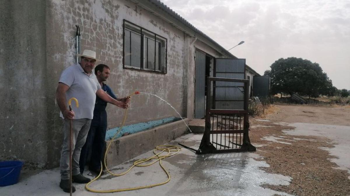 Pequeño hijo de agua quen sale del grifo en la nave de Ismael Garrote, en Piñuel