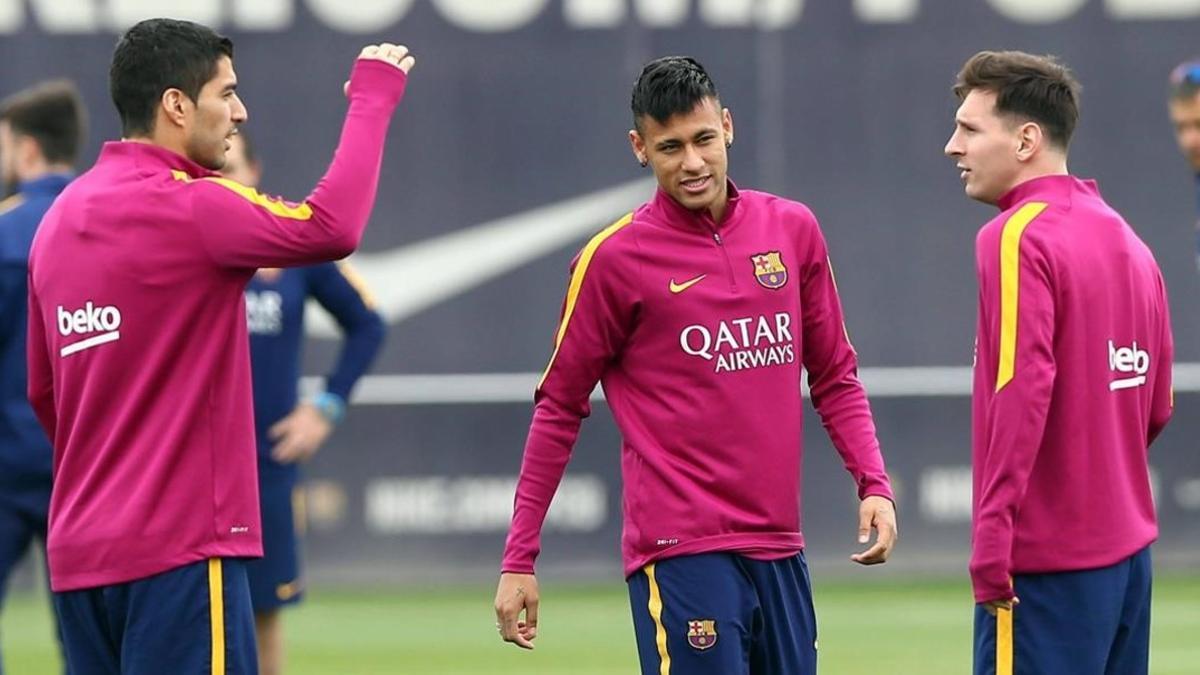 Suárez, Neymar y Messi, en el entrenamiento del sábado en Sant Joan Despí