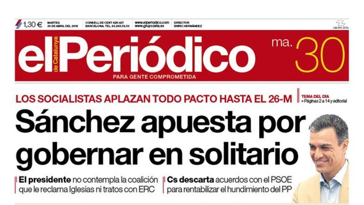 La portada de EL PERIÓDICO del 30 de abril del 2019