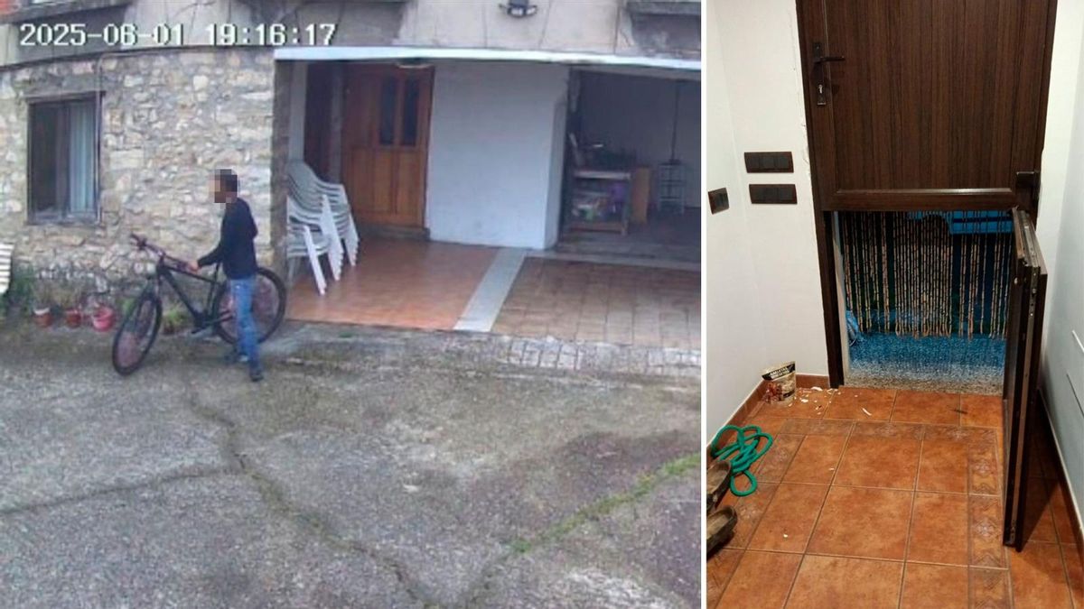 El sospechoso en bicicleta del robo en Serín del pasado día 1 y detalle de cómo quedó la puerta del domicilio.