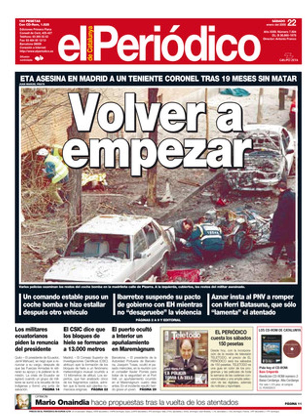 ETA rompe la tregua al asesinar en Madrid al coronel Blanco García. 22/1/2000