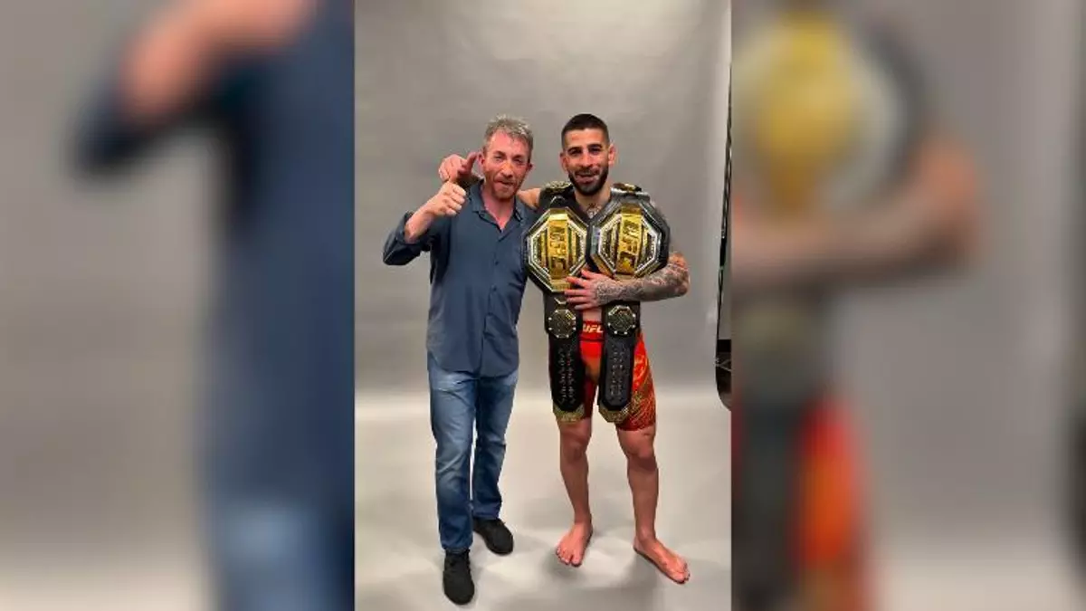 El abrazo de Pablo Motos e Ilia Topuria tras proclamarse doble campeón de la UFC