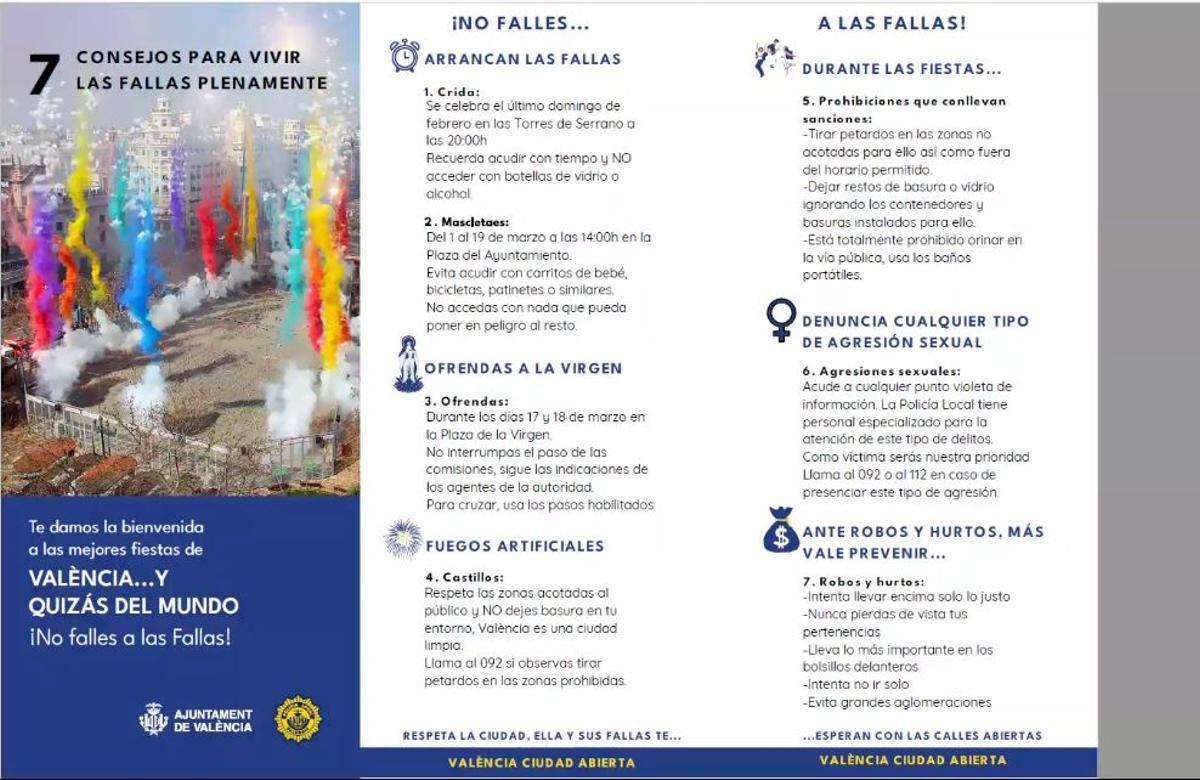Tríptico de la Policía Local con 7 consejos para vivir las Fallas de forma segura.