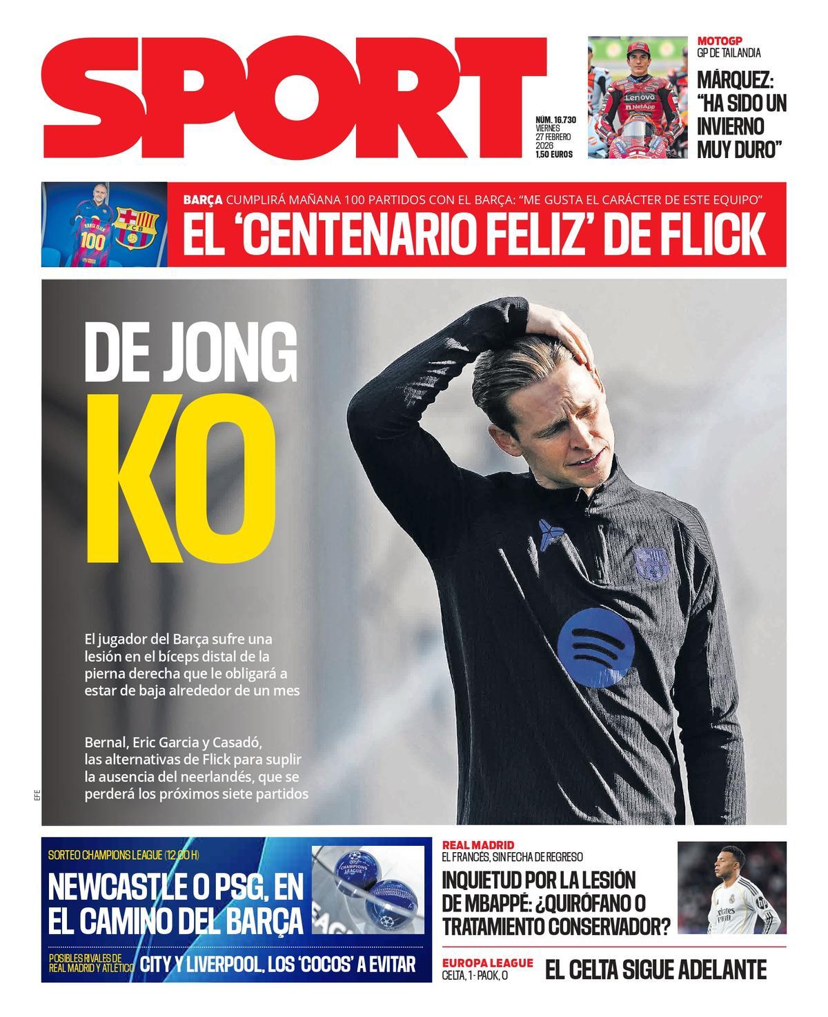 Esta es la portada de SPORT de hoy viernes, 27 de febrero de 2026