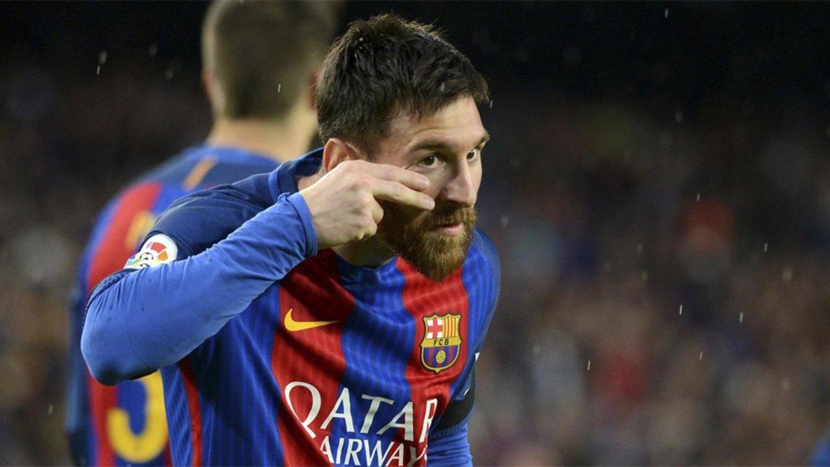Leo Messi el 5 de abril de 2017 tras marcar el 2-0 del Barcelona-Sevilla en el Camp Nou
