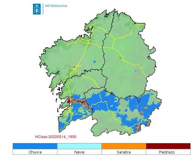 Mapa de Meteogalicia con las zonas de granizo el sábado sobre las 21:00 horas, en color oscuro.