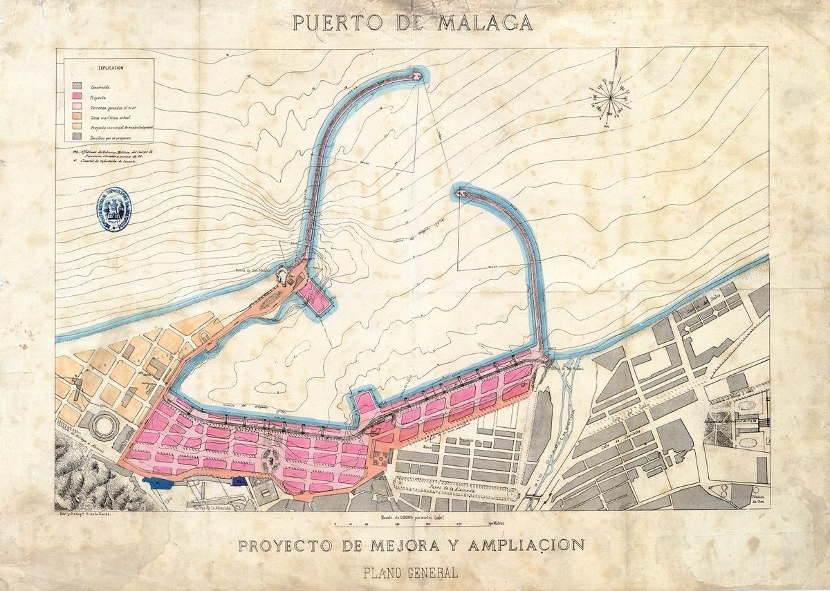 Proyecto de mejora y ampliación del Puerto de Málaga de Rafael Yagüe, en 1876.
