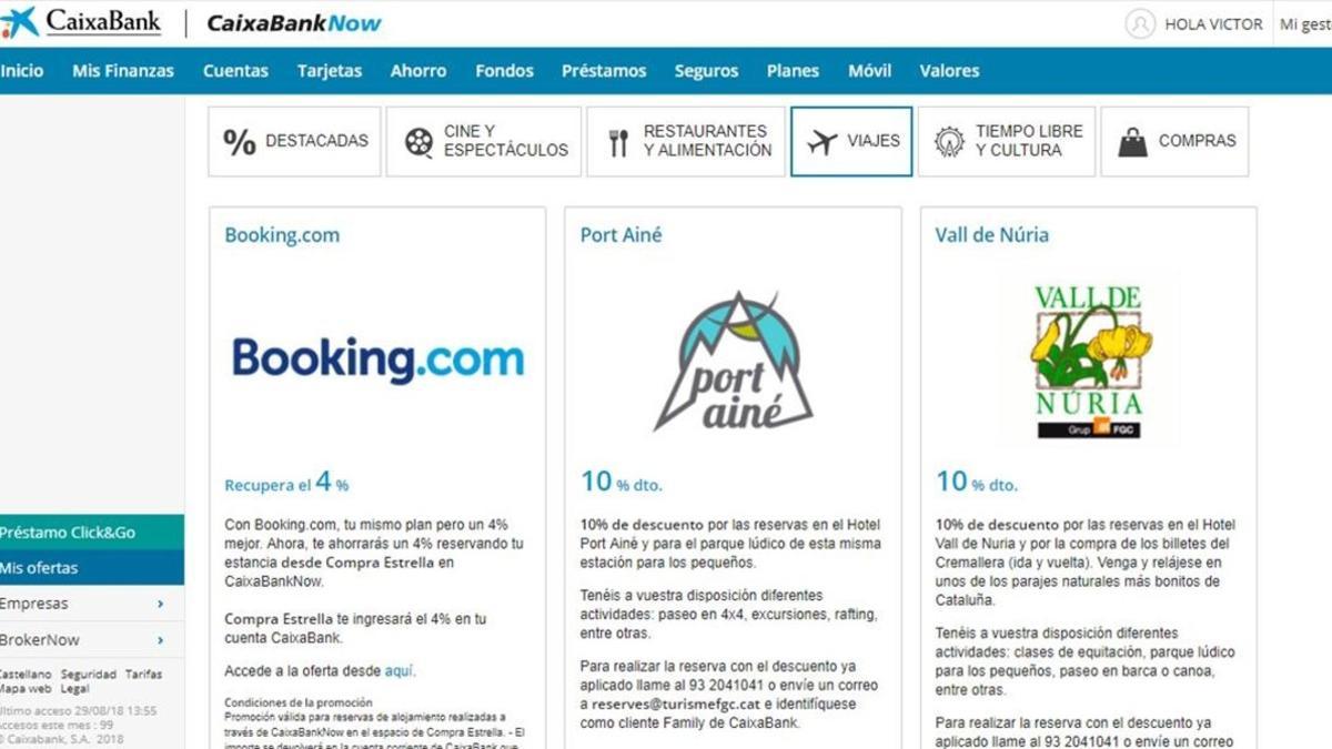 Página de 'cashback' de CaixaBank con descuentos en Booking.