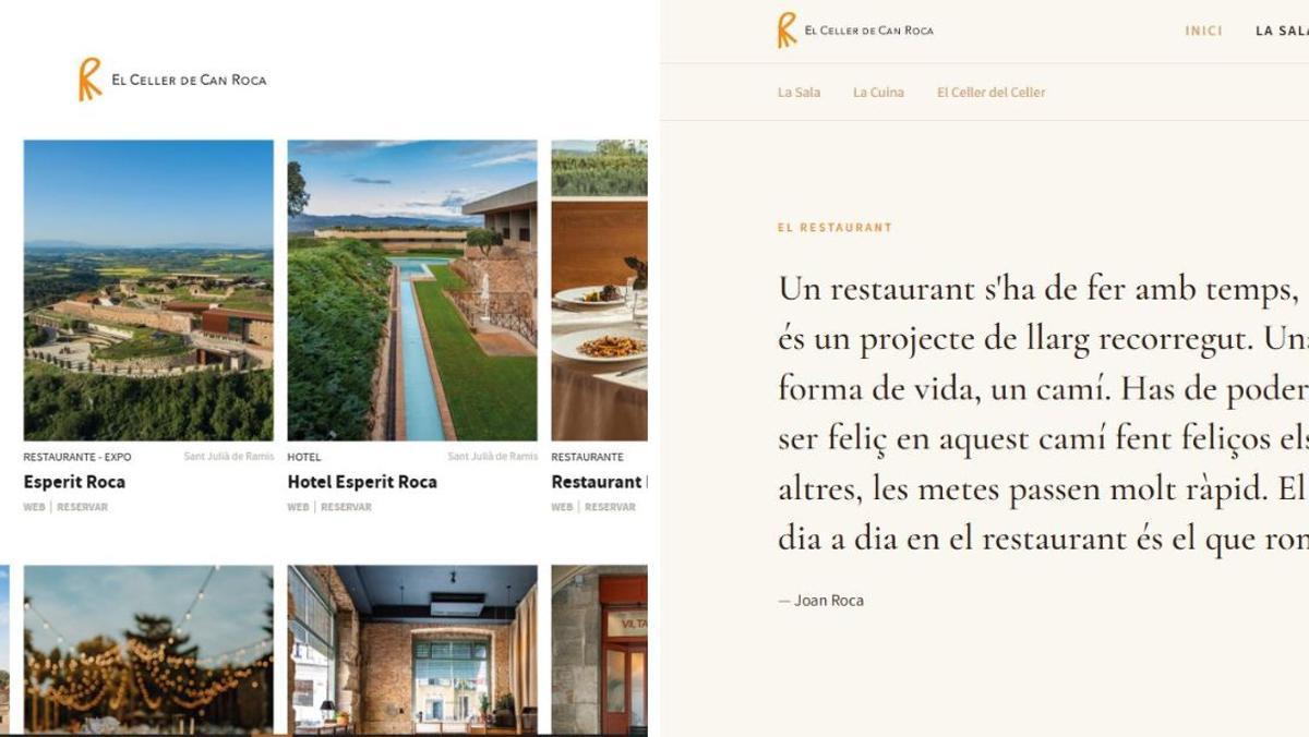 A l’esquerra, la web oficial del Celler de Can Roca; a la dreta, la web «pirata» que suplanta la identitat del restaurant.
