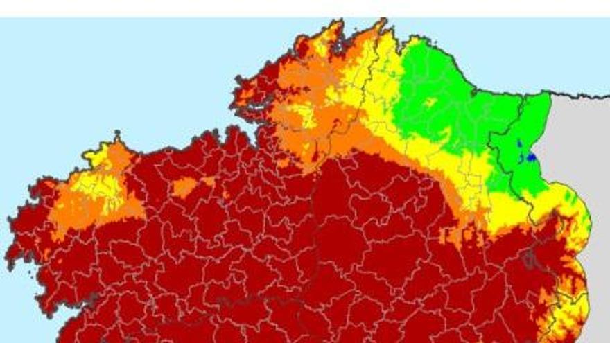 Mapa de riesgo de incendio forestal en Galicia.