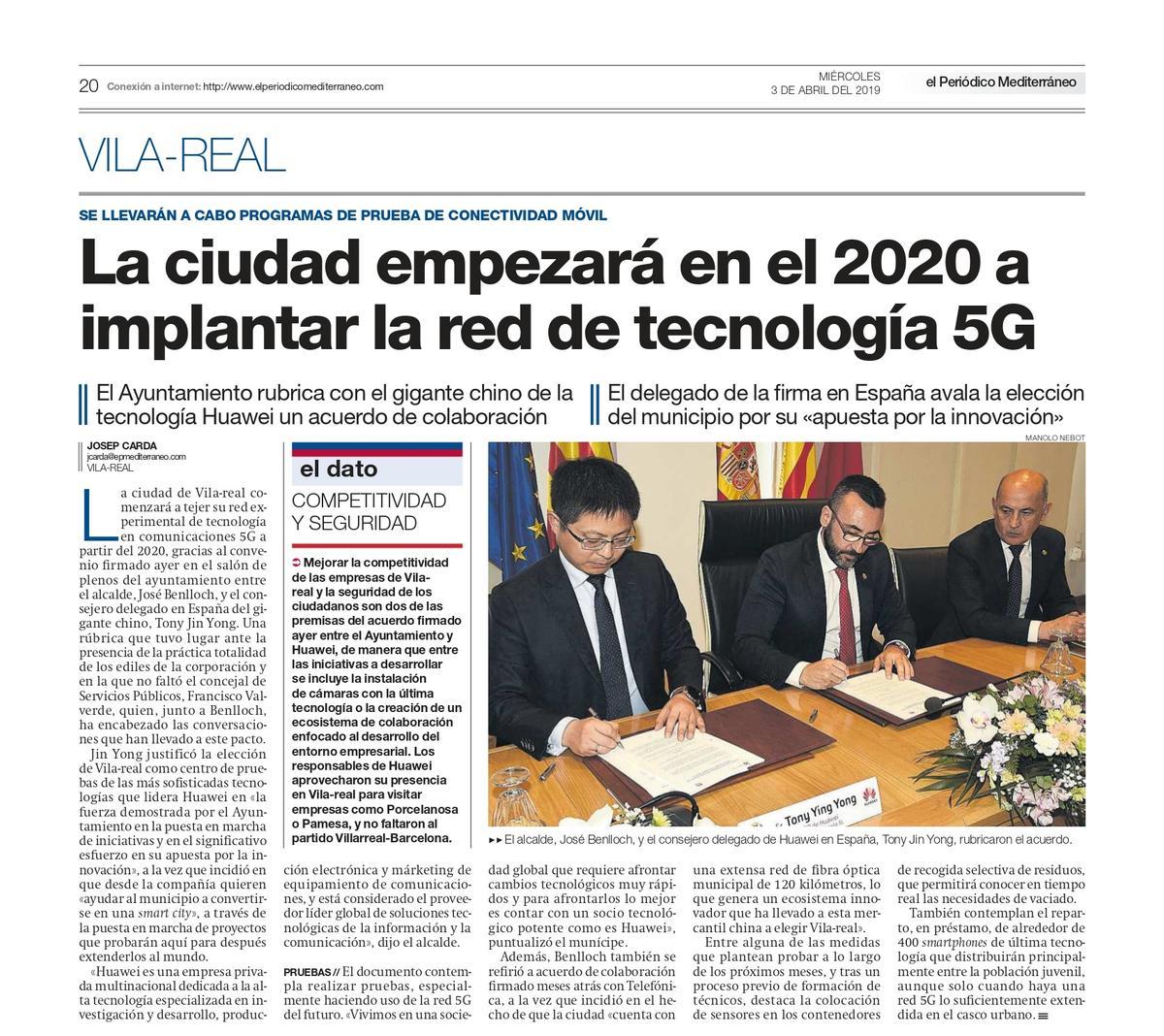 Noticia que publicó 'Mediterráneo' sobre la firma del convenio del Ayuntamiento con Huawei en abril de 2019.