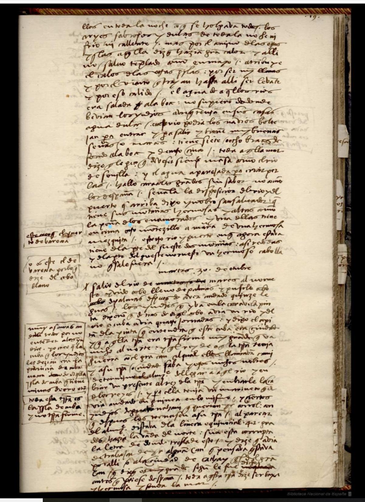 Con puntos celestes, la mención de la Peña de los Enamorados en el Diario de Cristóbal Colón.