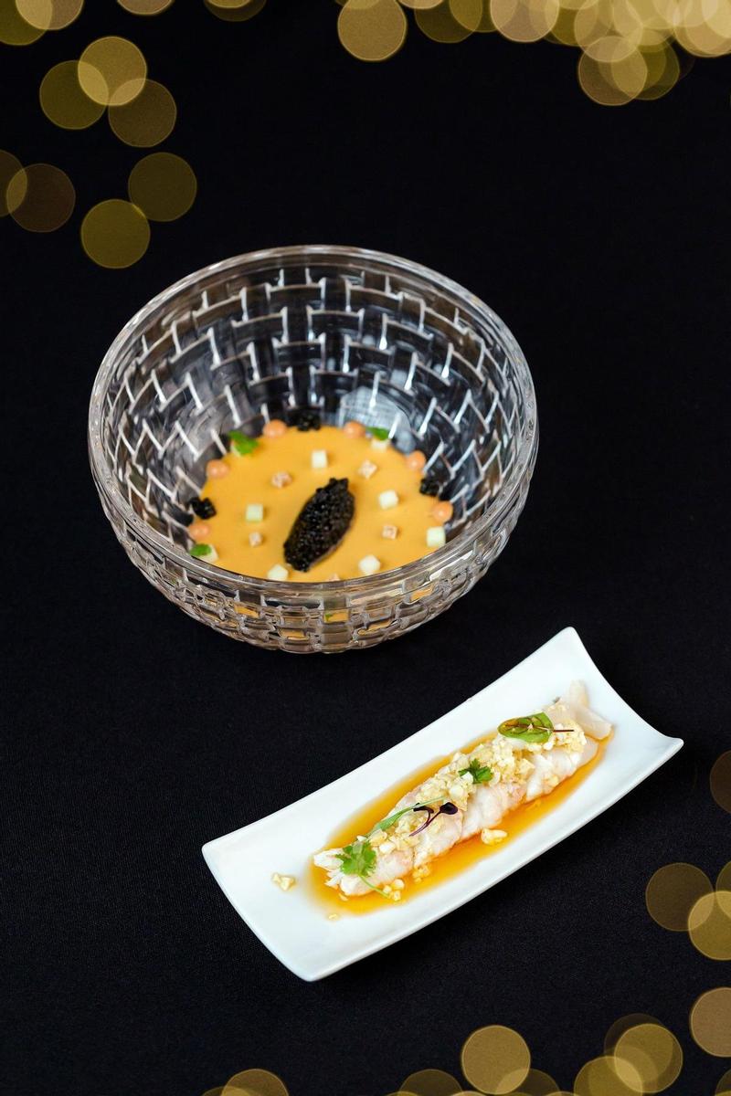 Cigala al natural, acompañada de cuajada de cigala con caviar y manzana verde.