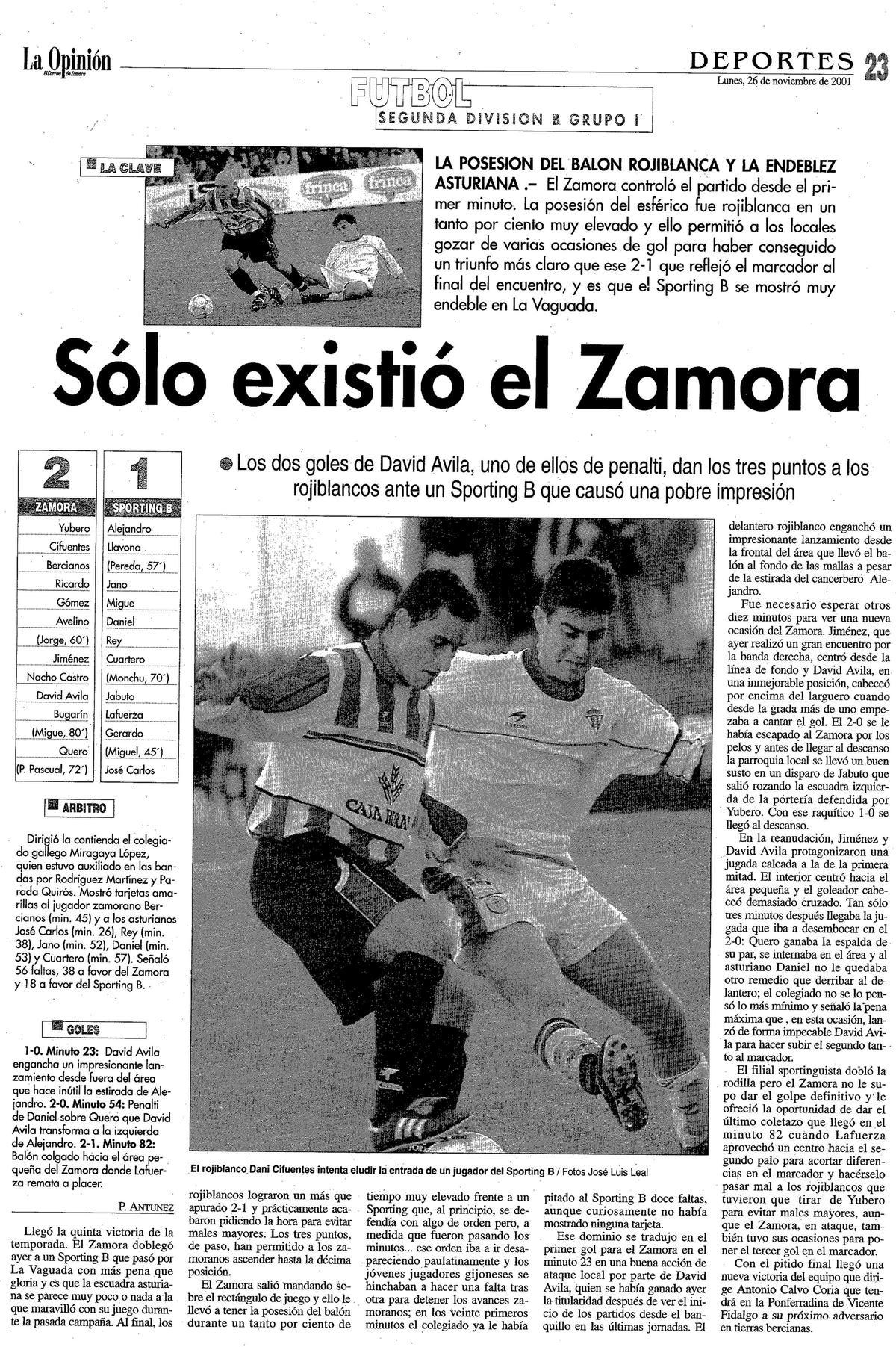 Página de La Opinión con la crónica del Zamora CF - Sporting de Gijón &quot;B&quot; con Marcelino en el banquillo visitante.