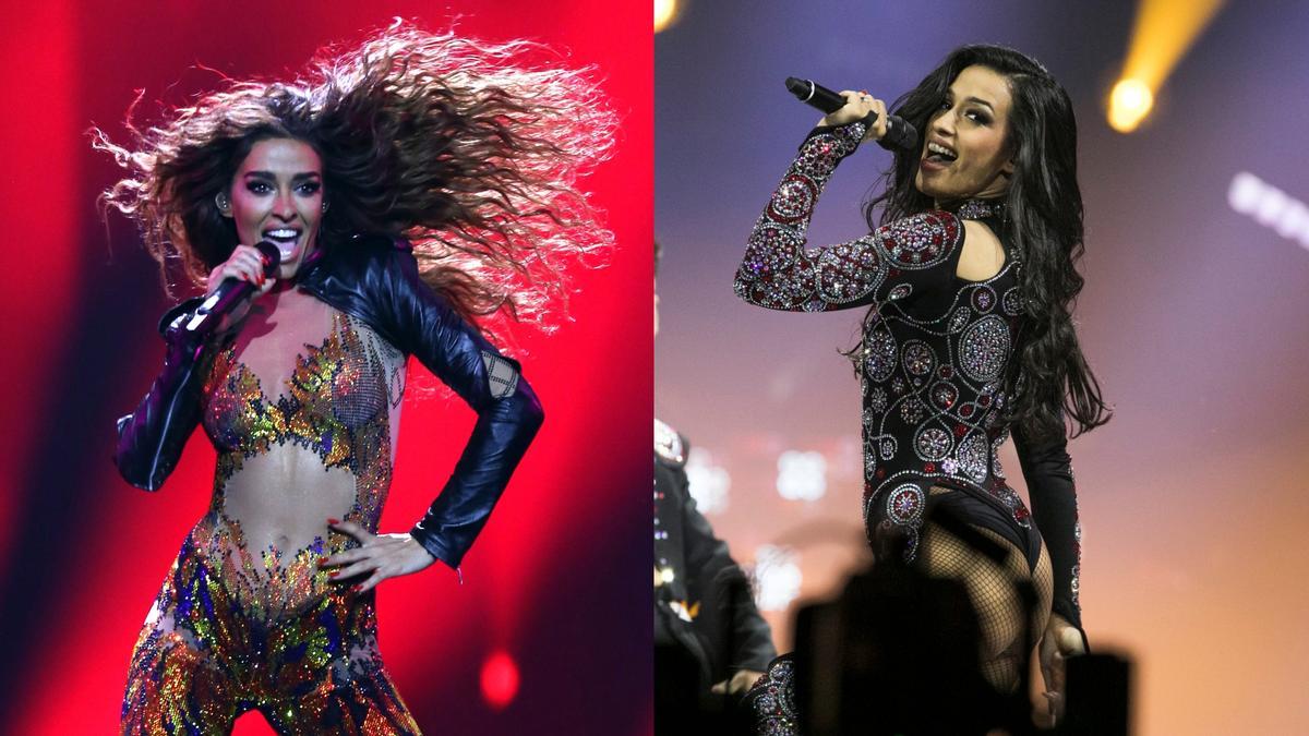 Eleni Foureira (2018) y Chanel (2022) en sus respectivas actuaciones en Eurovisión