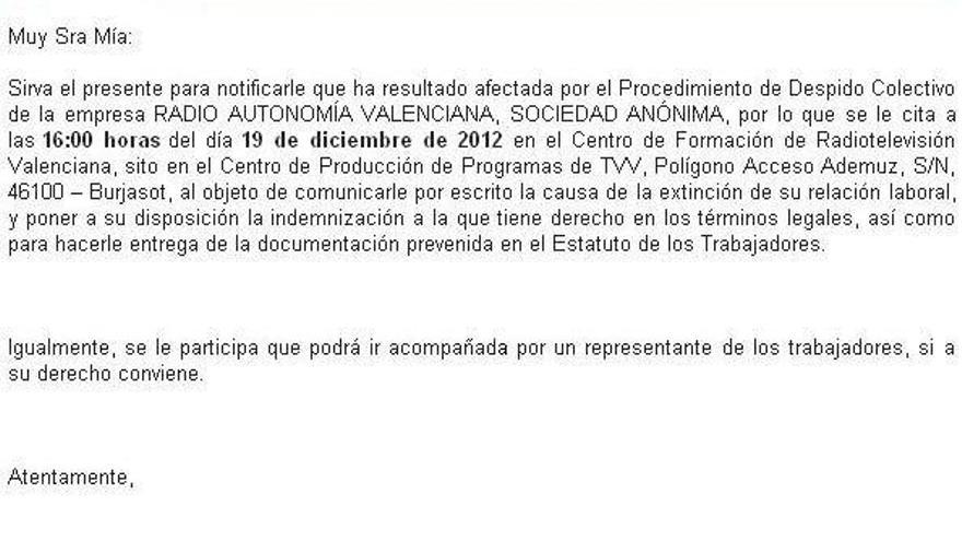 El correo recibido por los afectados del ERE de RTVV.