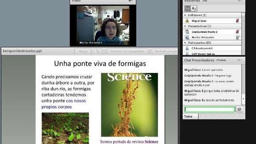 Arriba, los pequeños del centro Espiñeira, de Aldán, durante el desarrollo de la videoconferencia. Abajo, imagen de la actividad virtual. // Espiñeira