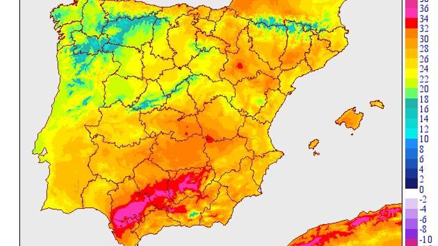 Temperaturas máximas de hoy en Península y Baleares