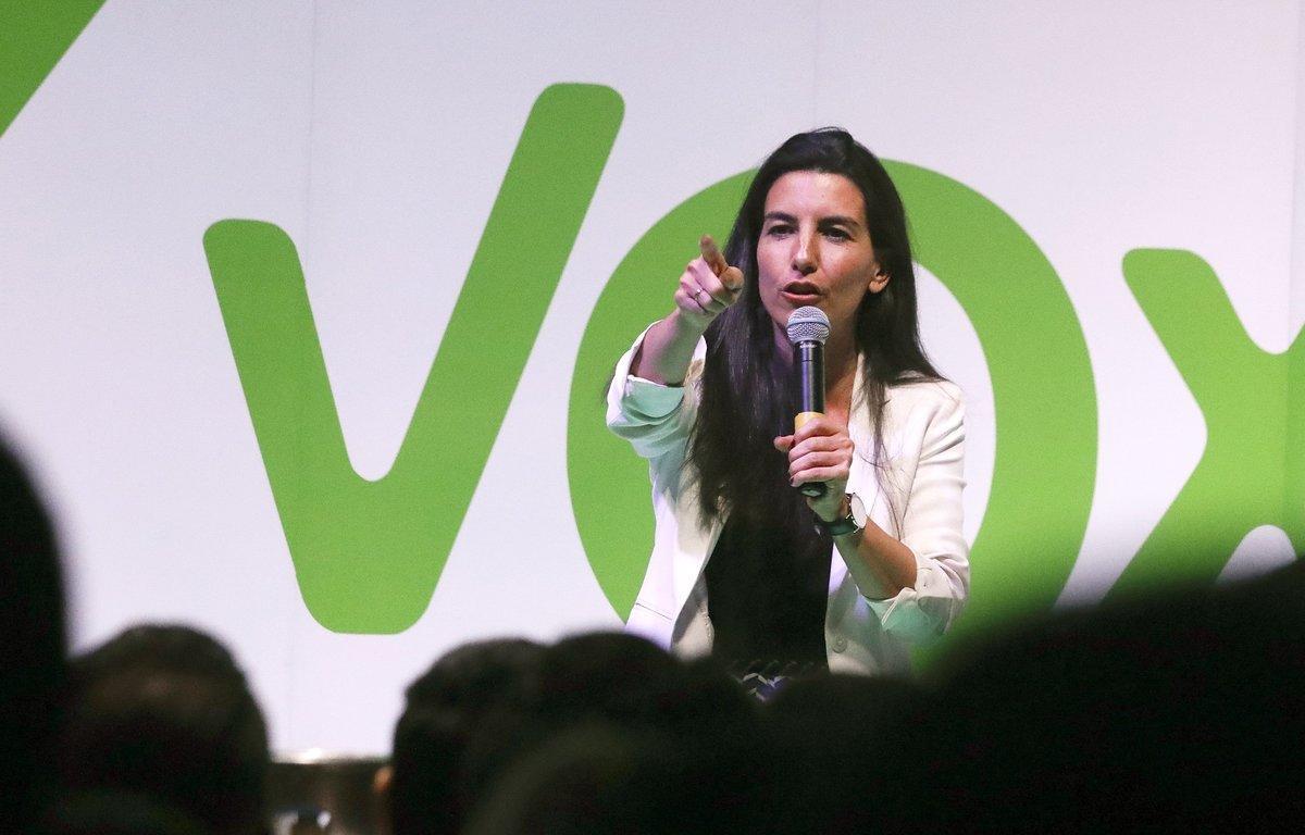 GRAF7272. MADRID, 22/05/2019.- La candidata de Vox a la Comunidad de Madrid, Rocío Monasterio, durante el acto electoral que han celebrado esta noche en un céntrico local madrileño. EFE/David Fernández.