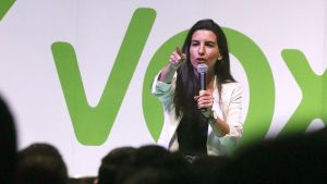 GRAF7272. MADRID, 22/05/2019.- La candidata de Vox a la Comunidad de Madrid, Rocío Monasterio, durante el acto electoral que han celebrado esta noche en un céntrico local madrileño. EFE/David Fernández.