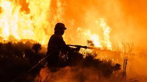 Un bombero lucha contra las llamas en Navalacruz (Ávila).