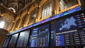 Archivo - Paneles del Ibex 35 en el Palacio de la Bolsa, a 13 de marzo de 2024, en Madrid (España).