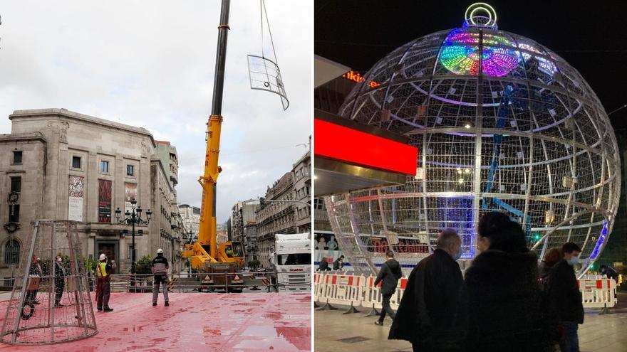 Así luce de color la gran bola de Navidad en Vigo