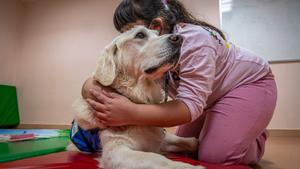 Una niña abraza a un perro de terapia.