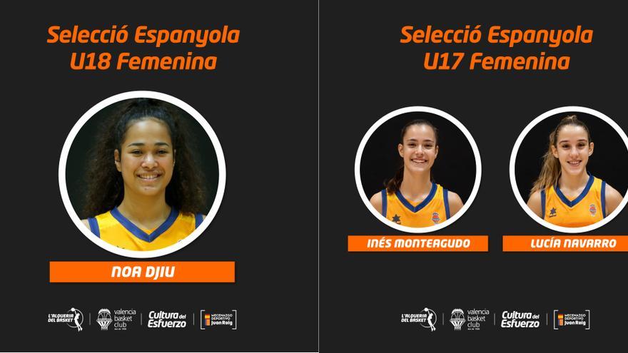 Tres jugadoras del Valencia Basket, con las selecciones U17 y U18