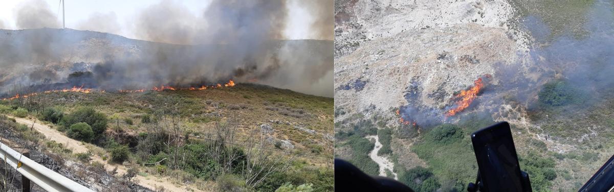 Dos imágenes del incendio de Cañete la Real, que ha sido estabilizado poco antes de las seis de la tarde