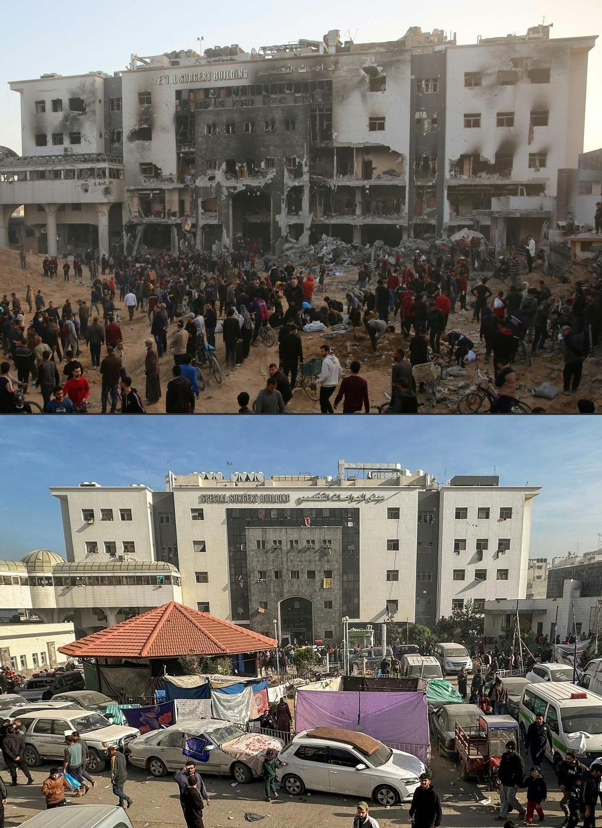 Esta combinación de imágenes creadas el 1 de abril de 2024 muestra los daños en el hospital Al-Shifa de Gaza después de que el ejército israelí se retirara del complejo que alberga el hospital el 1 de abril de 2024 (arriba), y los palestinos desplazados se reunieran en el patio del hospital Al-Shifa de Gaza. Hospital Shifa el 10 de diciembre de 2023, mientras continúan las batallas entre Israel y el grupo militante Hamas en el territorio palestino.