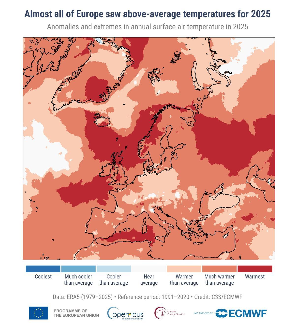 Anomalías y extremos en la temperatura anual del aire superficial en 2025, basado en el período 1979-2025.