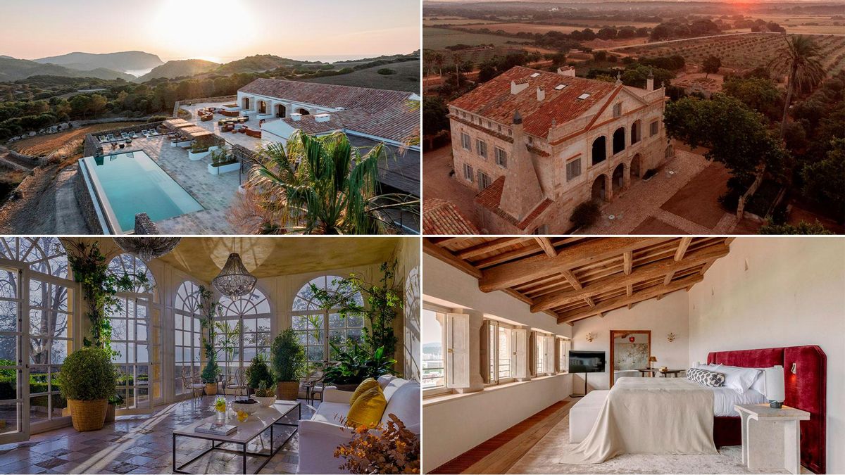 Arriba, los hoteles Son Ermità y Son Vell, en Menorca. Debajo, la terraza cubierta de Palacio de Figueras (Castropol) y una habitación de Miramar, en Palma de Mallorca.
